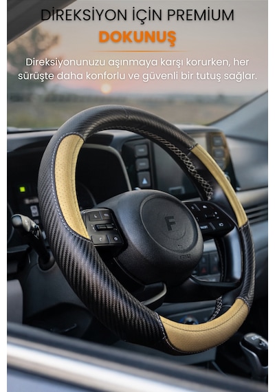 Direksiyon Kılıfı Universal Geçmeli Oto Direksiyon Kılıfı Premium Deri Kaymaz Kolay Montaj - Crbx6 Siyah - Bej