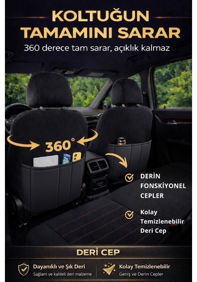 Lifos Serisi Koton Kumaş Universal Oto Koltuk Kılıfı Tam Set Siyah Kırmızı Genel