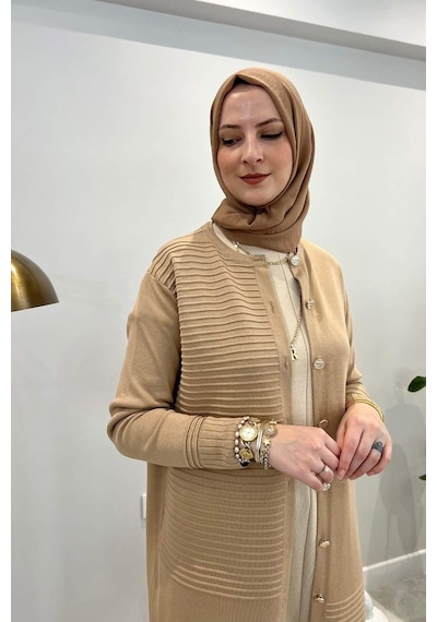 Rabia Şamlı Manolya Bej Triko Hırka Normal
