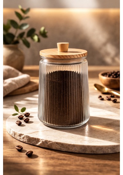 Bambu Vakum Kapaklı Cam 1800 Ml Çay Şeker Bakliyat Baharat Kavanozu Tekli Bej Bej