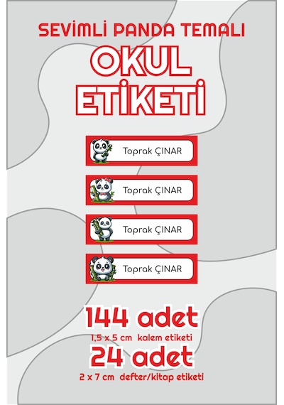 Sevimli Panda Temalı İsimli Okul Etiketi Defter Sticker Seti