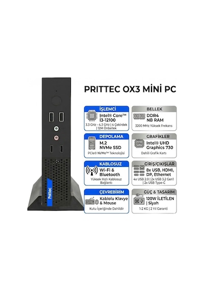 Prittec OX3 Q7-TH610Lİ31210012005 i3-12100 16 GB 512 GB SSD Dos Mini PC