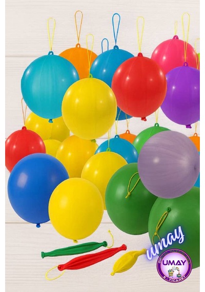 20 Adet Zıpzıp Balon İpli Lastikli Punch Panç Büyük Balon Çok Renkli