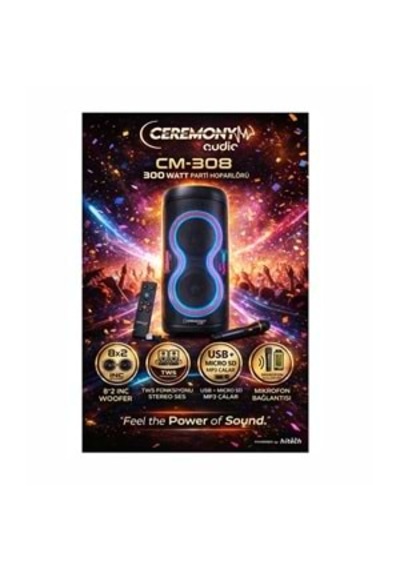 Ceremony Audio Cm-308 Taşınabilir Bluetooth Parti Hoparlör 2x8 Inç Woofer 300watt Tws Disco Lights
