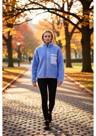 Benerly Kadın Dik Yaka Düşük Kol Tam Fermuarlı Peluş Sweatshirt Fonksiyon Açık Mavi
