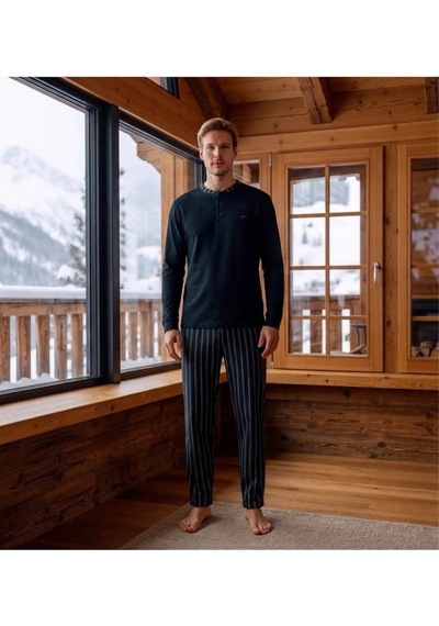 Pijamoni Erkek Microsoft Kumaş Düğmeli Yaka Pijama Takımı Koyu Yeşil