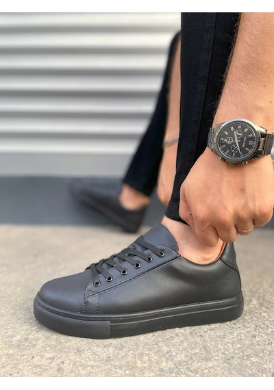 Jy122 Mode Bağcıklı Cilt Erkek Günlük Sneaker Ayakkabı Cst - Siyah Siyah