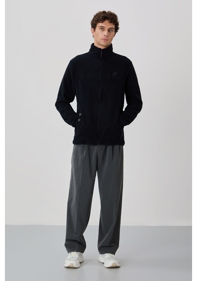 Tommy Life Lacivert Yazı Nakışlı Dik Yaka Fermuarlı Standart Kalıp Erkek Sweatshirt Polar - 87992 Lacivert
