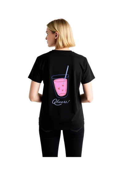 Paybuy Kadın Grafik Baskılı Kısa Kollu Tişört Neon İçecek Deseni Şerefe Siyah