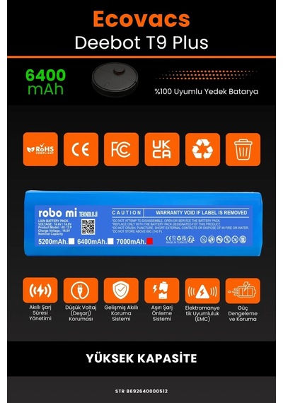 Ecovacs Deebot T9 Plus  6400mah Robot Süpürge Bataryası - Yüksek Kapasite