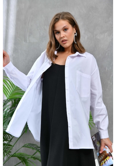 Kadın Beyaz Cep Detay Oversize Uzun Poplin Gömlek 001