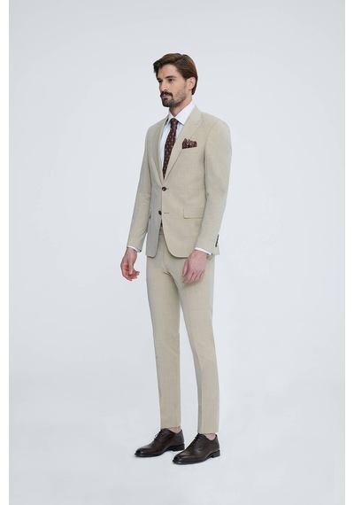 Ysf Erkek Bej Slim Fit Sivri Yaka Takım Elbise Bej