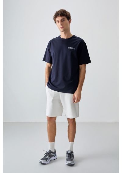 Air Jones Tommy Life Lacivert Pamuklu Kalın Yumuşak Dokulu Oversize Fit Baskılı Erkek T-shirt - 88375 Lacivert