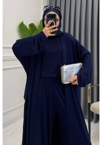 Balenbi Kadın Penye Uzun Hırka Bluz Geniş Paça Pantolon Abaya Takım 1217 Lacivert