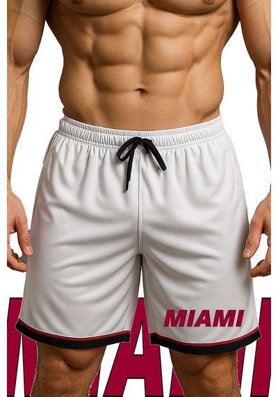 Top Glory Cepli Miami Baskılı Basketbol Şortu Spor Şort Beyaz