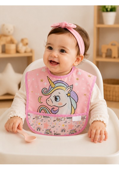 Set Kısa Kollu Bağlamalı Ayarlanabilir Sıvı Geçirmez Aktivite ve Mama Önlüğü Unicorn & Sevimli Ayıcıklı Çok Renkli 2'li
