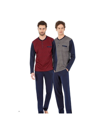 6059 Erkek Uzun Kollu Önden Üç Düğmeli Pijama Takım-bordo Bordo