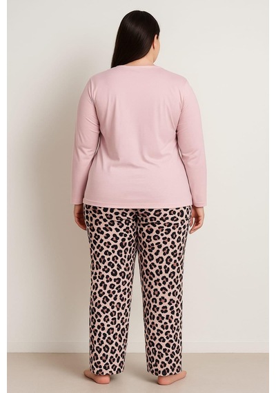 Pemilo Kadın 20751 Büyük Beden Uzun Kol % 100 Pamuk Milan Pijama Takımı Pudra Pudra
