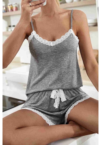 Merry See Dantel İşlemeli Penye Gecelik Şortlu Pijama Takım Gri Çok Renkli