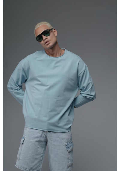 Pis Yaka Oversize Kalıp Düz Sweatshirt Mavi