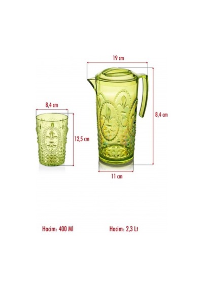 Akrilik Yeşil Sürahi 2,3 Lt Ve 6'lı & Su Meşrubat Kahve Yanı Bardağı 400 Ml Seti