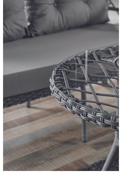Rio Rattan Bahçe Balkon Oturma Takımı 2+1+1+camlı Masa Gri Gri