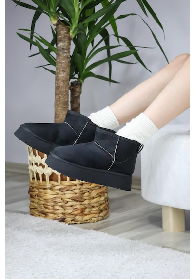 Asmi Shoes Kadın Pavro Süet İçi Kürklü Kalın Taban 4.5 Cm Mini Kısa Bot Siyah Siyah