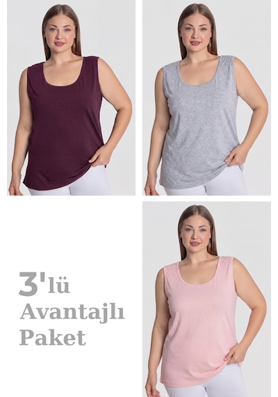 Arma Yıldız Kadın Pamuklu Büyük Beden Kalın Askılı Atlet 3'lü Paket Pembe Gri Mürdüm