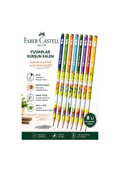 Dinazor Kurşun Kalem 8 Adet Faber Castell Yuvarlak Gövdeli Siyah Kurşun Kalem Yumuşak Yazım Kolay Tutuş Kaliteli Çok Renkli