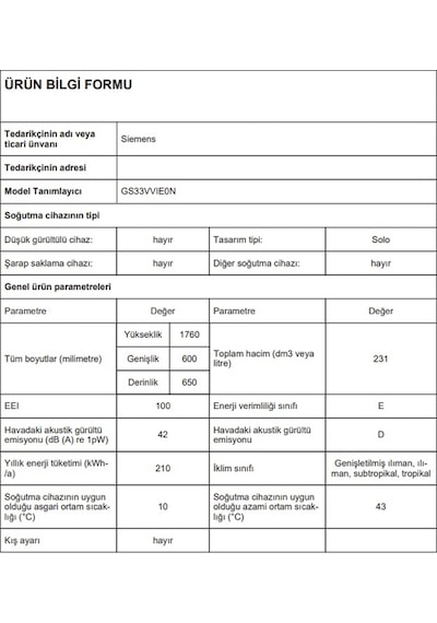 Siemens GS33VVIE0N 242 LT 7 Çekmeceli Dikey Derin Dondurucu