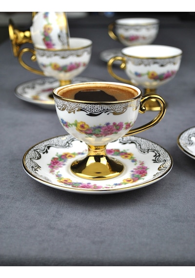 2 Kişilik Porselen Pembe Çiçekli Vintage Gold Ayaklı Kahve Fincan Takımı 90 Ml