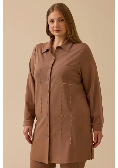 Galaxi Kadın Büyük Beden Dikiş Desenli Tunik 4013 Camel Camel