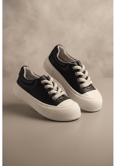 Tonny Black Rahat Kalıp Kauçuk Taban Bağcıklı Sneaker Kadın Siyah Beyaz Sneaker Tbklc05