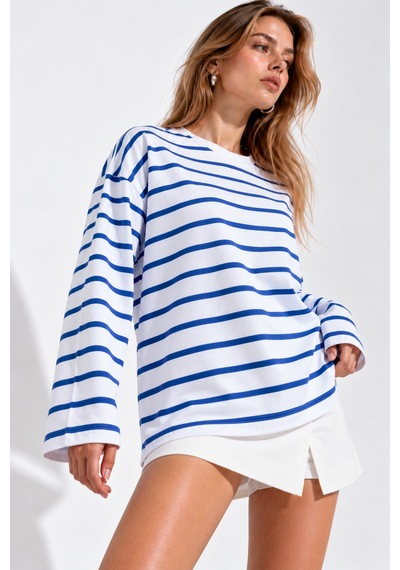 Wild Bee Kadın Saks Mavi Beyaz Çizgili Pamuklu Bisiklet Yaka Oversize Bluz