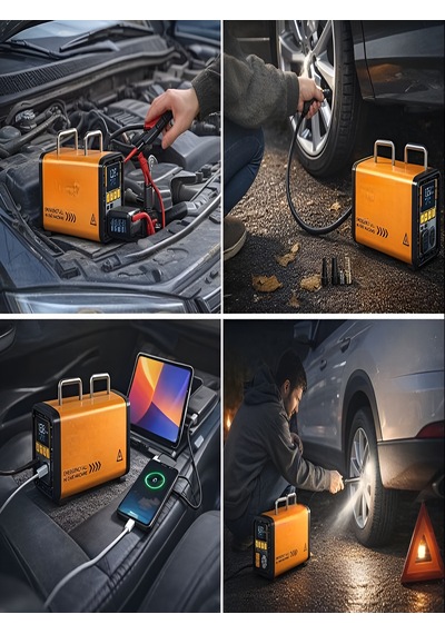16000mah 14.8v Dijital Ekranlı Araba Akü Takviyeli Kompresör Araç Lastik Şişirme Hava Pompası 150psı Sarı