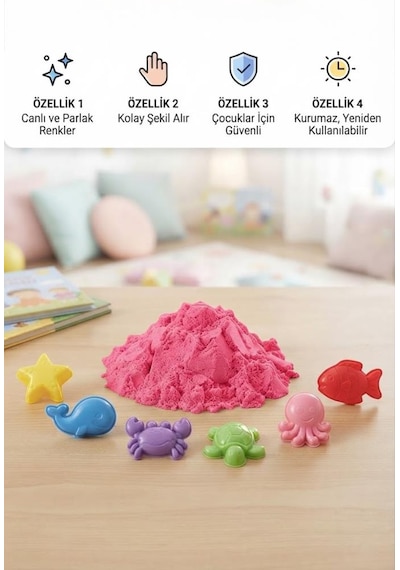 6 Kalıp Hediyeli Kinetik Oyun Kumu Kolay Temizlenen Parlak Kurumayan Güvenli Eğitici Oyuncak Kum Pembe