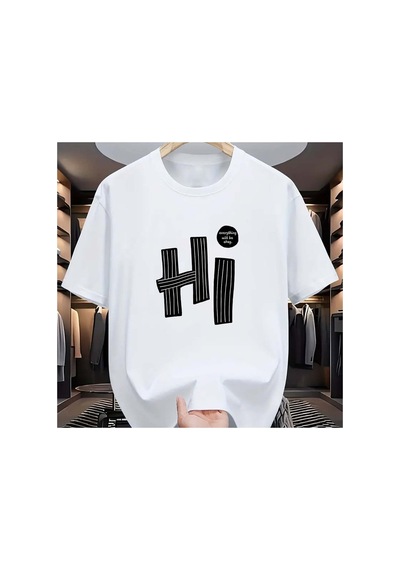 Caddemia Yaz  Rahat Gevşek Kesim Artı Boyutu Merhaba Mektup Desen Baskılı Yuvarl Beyaz 2XL