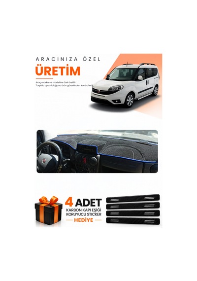 Fiat Doblo 2007-2015 Airbagli Küçük Ekran Uyumlu Torpido Koruma Örtüsü Oto Kılıfı - Siyah Mavi