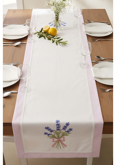 Lavanta İşlemeli Buldan Kumaş Runner 50x130 Cm Krem