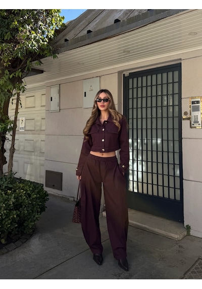 Laluvia Mürdüm Kot Crop Ceket Pantolon Takım - 51244 Mürdüm