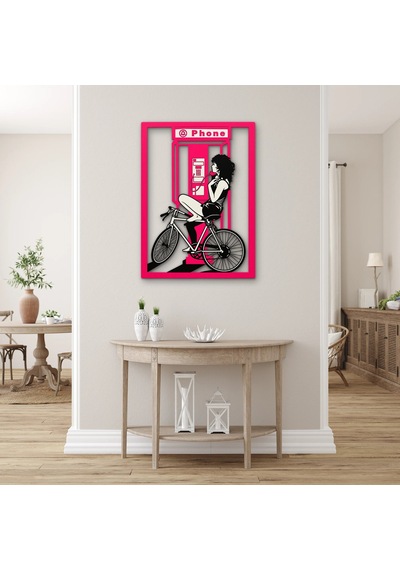 Pembe Telefon Kulübesi Ve Bisikletli Kadın Metal Tablo 91x125 Cm Çok Renkli