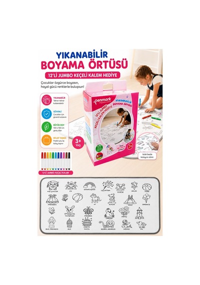 Boyama Örtüsü Yıkanabilir Kız Modeli 100x15 Cm 1 Paket 12 Renk Jumbo Keçeli Kalem Penmark Sevinli Hayvanlar Boyama