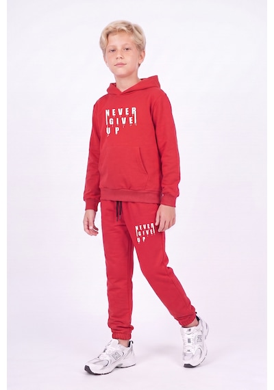 Fyk Kids Erkek Çocuk Baskılı Kanguru Cepli Kapüşonlu Eşofman Takımı Kırmızı