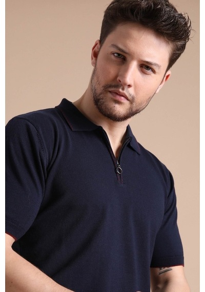 Ferraro Lacivert Polo Yaka Fermuarlı Erkek Pamuk Triko T-Shirt-Lacivert (417942893) Lacivert