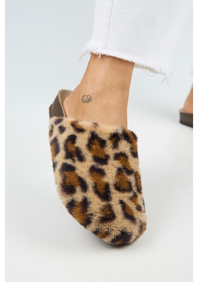 Manijero Leda Kadın Peluş Düz Taba Leopar Terlik Taba - Leopar