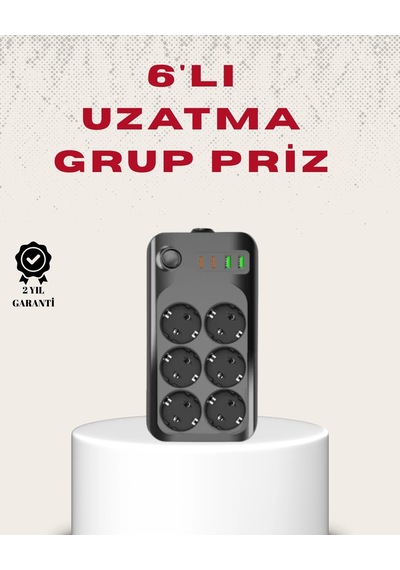 6 Lı Grup Priz Termal Korumalı Usb Type-c Çoklu Priz 2 Metre Kablo 1