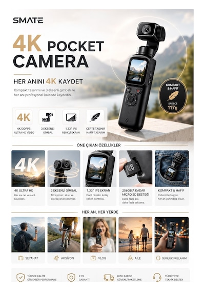Smate 4k Pocket Camera Profesyonel Vlog Kamerası Gimbal Özellikli Titreşim Önleyici Otomatik Dönüş Ve Yüz Takibi Siyah
