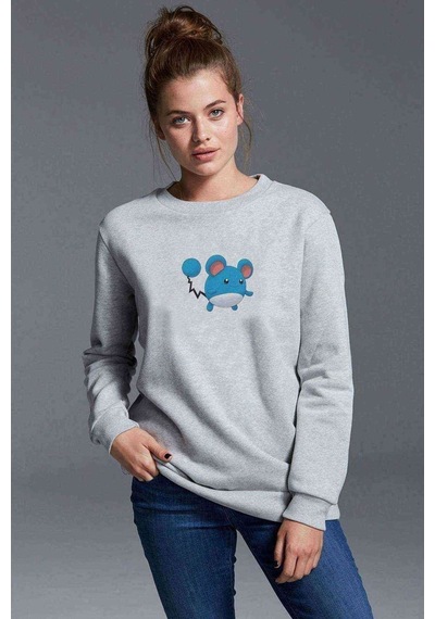 Mavi Ve Beyaz Pokemon Illüstrasyon Marill Baskılı Gri Kadın Swea