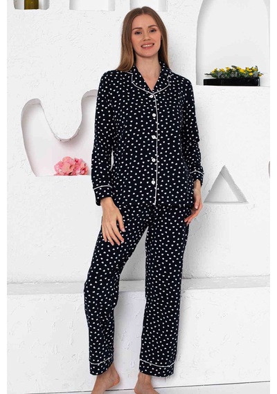 Alimer Kadın Lacivert Kalpli Gömlek Yaka Pijama Takım Edy2764uk-l Lacivert