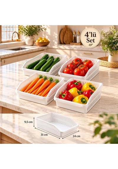 Tr 09 1076 Orgamix 4'lü Buzdolabı İçi Düzenleyici Organizer Sepet Seti Beyaz Mutfak Dolabı & Kiler Sebze Meyve Genel
